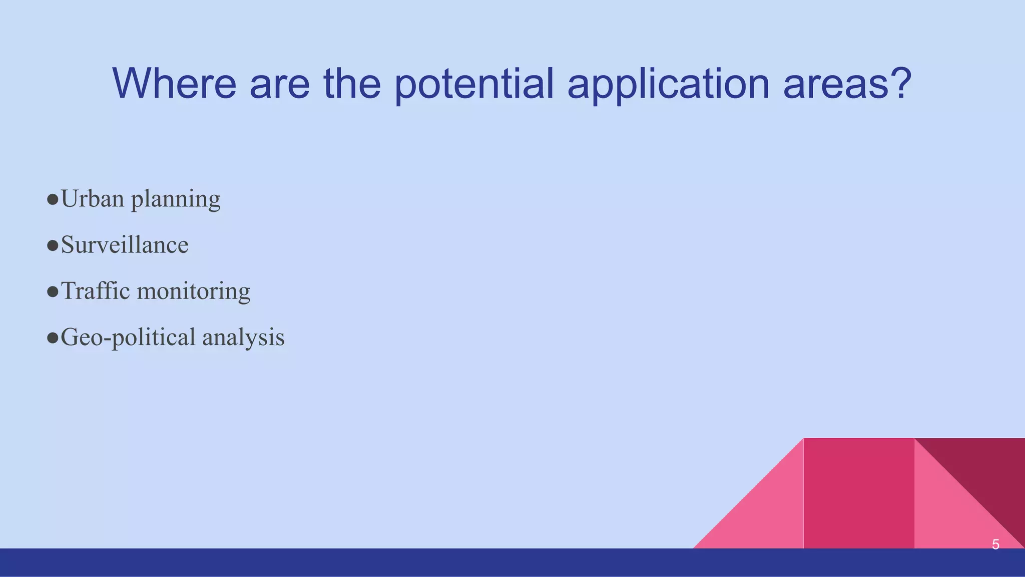 Where are the potential application areas?
●Urban planning
●Surveillance
●Traffic monitoring
●Geo-political analysis
5
 