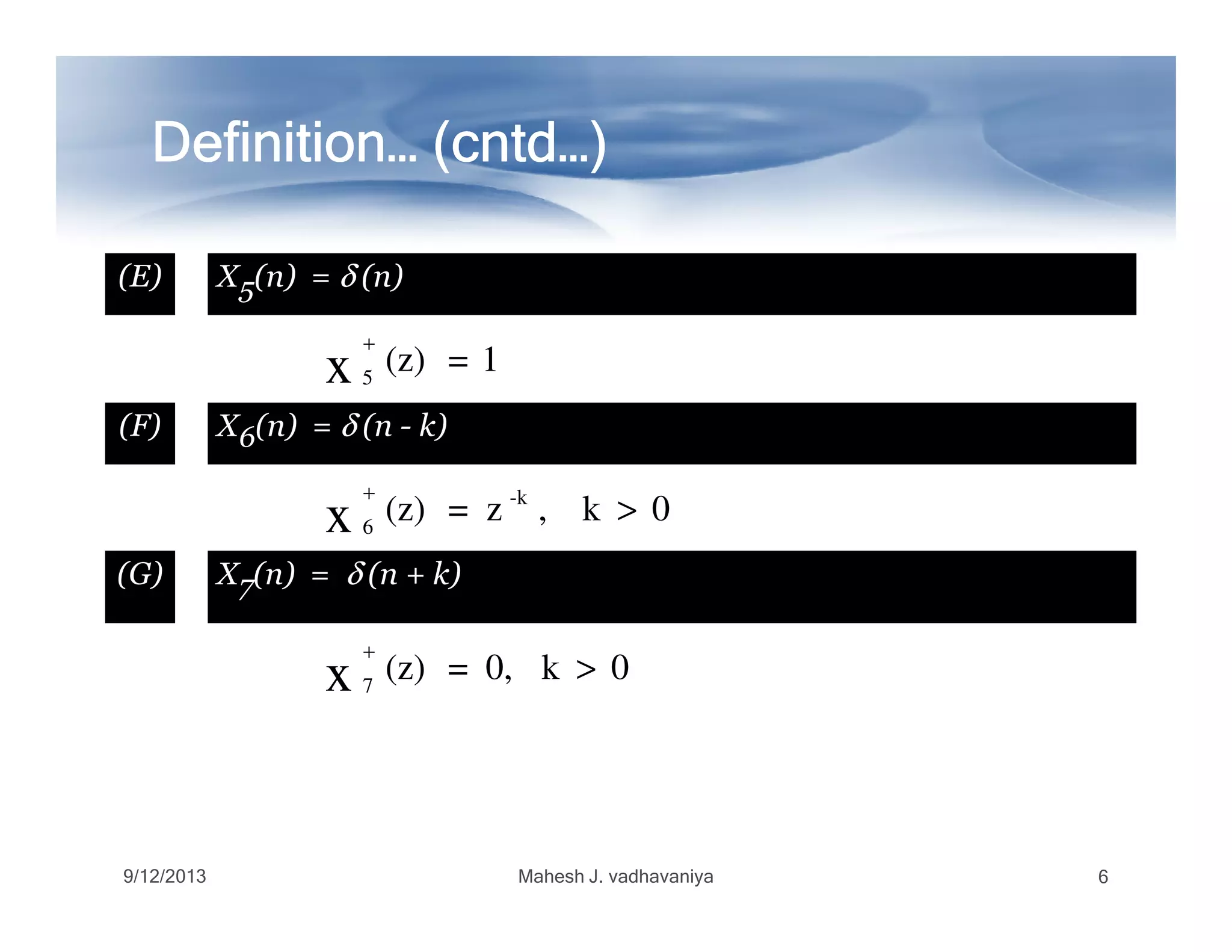 Definition… (Definition… (Definition… (Definition… (Definition… (Definition… (Definition… (Definition… (cntdcntdcntdcntdcntdcntdcntdcntd…)…)…)…)…)…)…)…)
(E) X5(n) = δ (n)
(F) X6(n) = δ (n - k)
1=(z)x 5
+
0k,z=(z) -k
6x >
+
(G) X7(n) = δ (n + k)
0k0,=(z)x 7
>
+
9/12/2013 Mahesh J. vadhavaniya 6
 