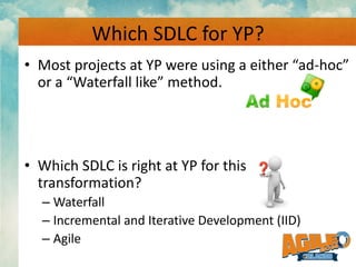 Which SDLC for YP?
• Most projects at YP were using a either “ad-hoc”
or a “Waterfall like” method.
• Which SDLC is right ...