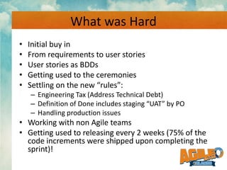 What was Hard
• Initial buy in
• From requirements to user stories
• User stories as BDDs
• Getting used to the ceremonies...