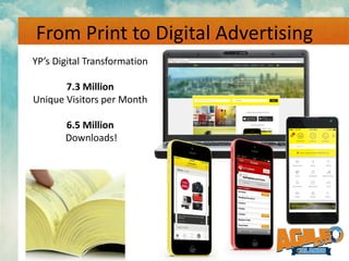 From Print to Digital Advertising
YP’s Digital Transformation
7.3 Million
Unique Visitors per Month
6.5 Million
Downloads!
 