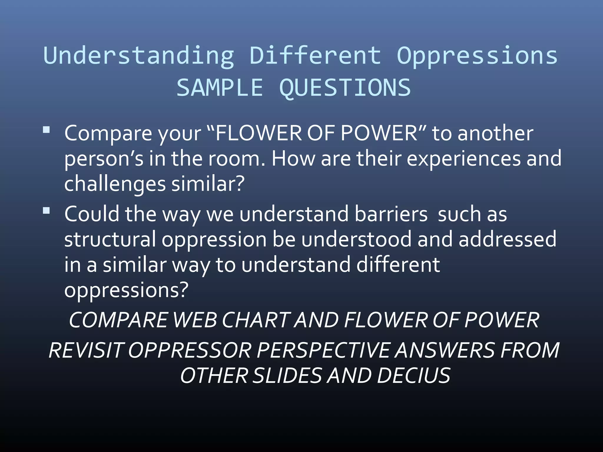 Understanding Different Oppressions
SAMPLE QUESTIONS
 Compare your “FLOWER OF POWER” to another
person’s in the room. How are their experiences and
challenges similar?
 Could the way we understand barriers such as
structural oppression be understood and addressed
in a similar way to understand different
oppressions?
COMPAREWEB CHART AND FLOWER OF POWER
REVISIT OPPRESSOR PERSPECTIVE ANSWERS FROM
OTHER SLIDES AND DECIUS
 
