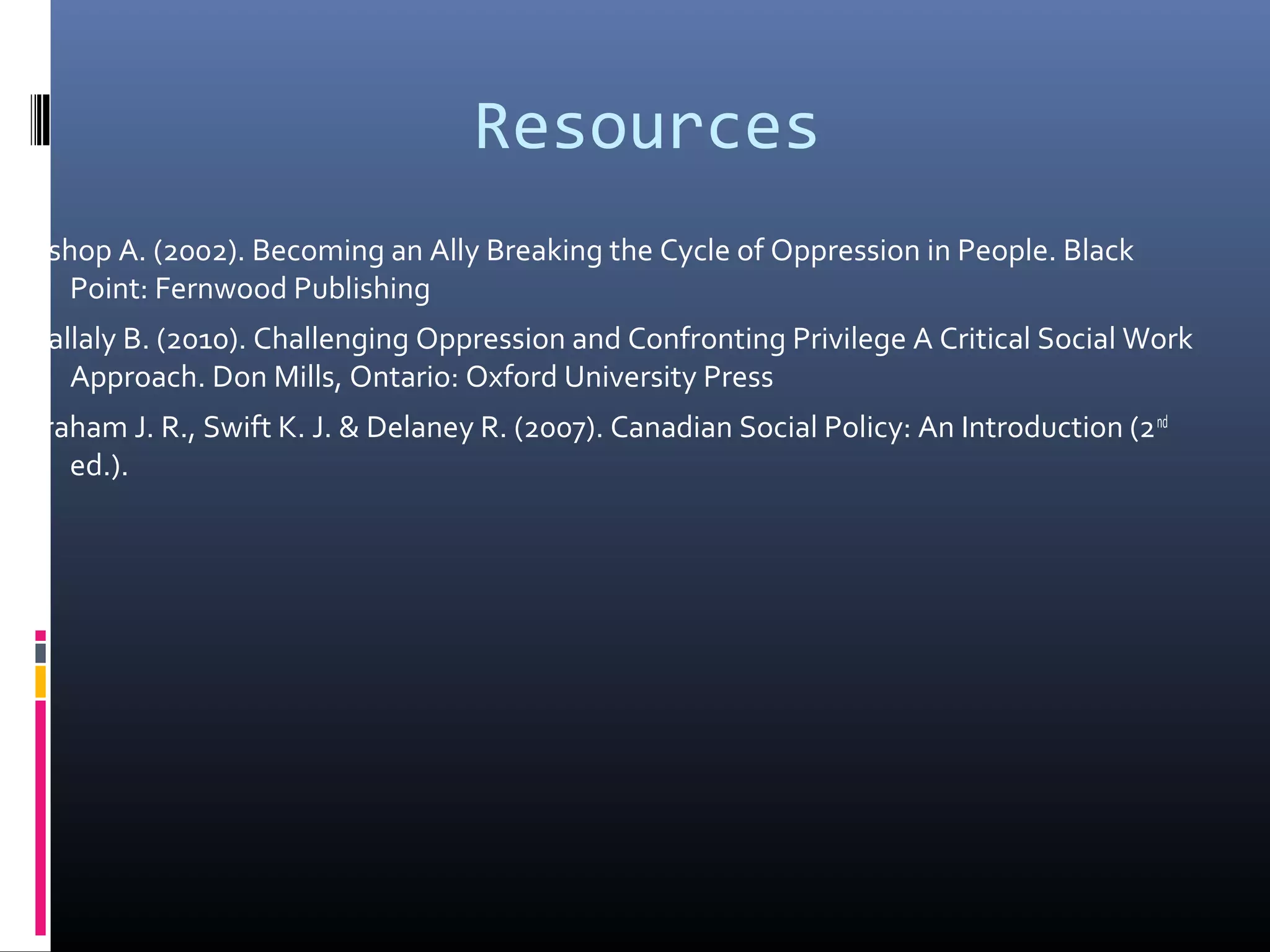 Resources
Bishop A. (2002). Becoming an Ally Breaking the Cycle of Oppression in People. Black
Point: Fernwood Publishing
Mallaly B. (2010). Challenging Oppression and Confronting Privilege A Critical Social Work
Approach. Don Mills, Ontario: Oxford University Press
Graham J. R., Swift K. J. & Delaney R. (2007). Canadian Social Policy: An Introduction (2nd
ed.).
 