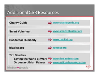Additional CSR Resources
Charity Guide                 www.charityguide.org


Smart Volunteer               www.smartvolunteer.org


Habitat for Humanity          www.habitat.org


Idealist.org                  Idealist.org


Tim Sanders
   Saving the World at Work   www.timsanders.com
   Or contact Brian Palmer    www.nationalspeakers.com
 