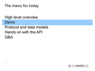 An open source platform End to end platform server backend, client libraries for desktop and mobile Open source Apache 2 license http://github.com/onesocialweb Java 30% code reuse between components Web client written in GWT (Java compiled to Javascript) platform Already available. Easy to setup. Join our growing community to experiment with us and get involved via our mailing list ! 