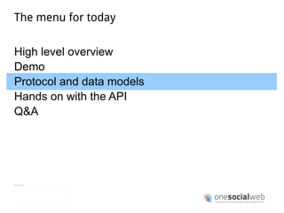 A social network user experience web client (HTML + JS) Android client user experience This is just one implementation of a social networking experience. Keep in mind that Onesocialweb is a  platform  enabling any kind of social applications. 