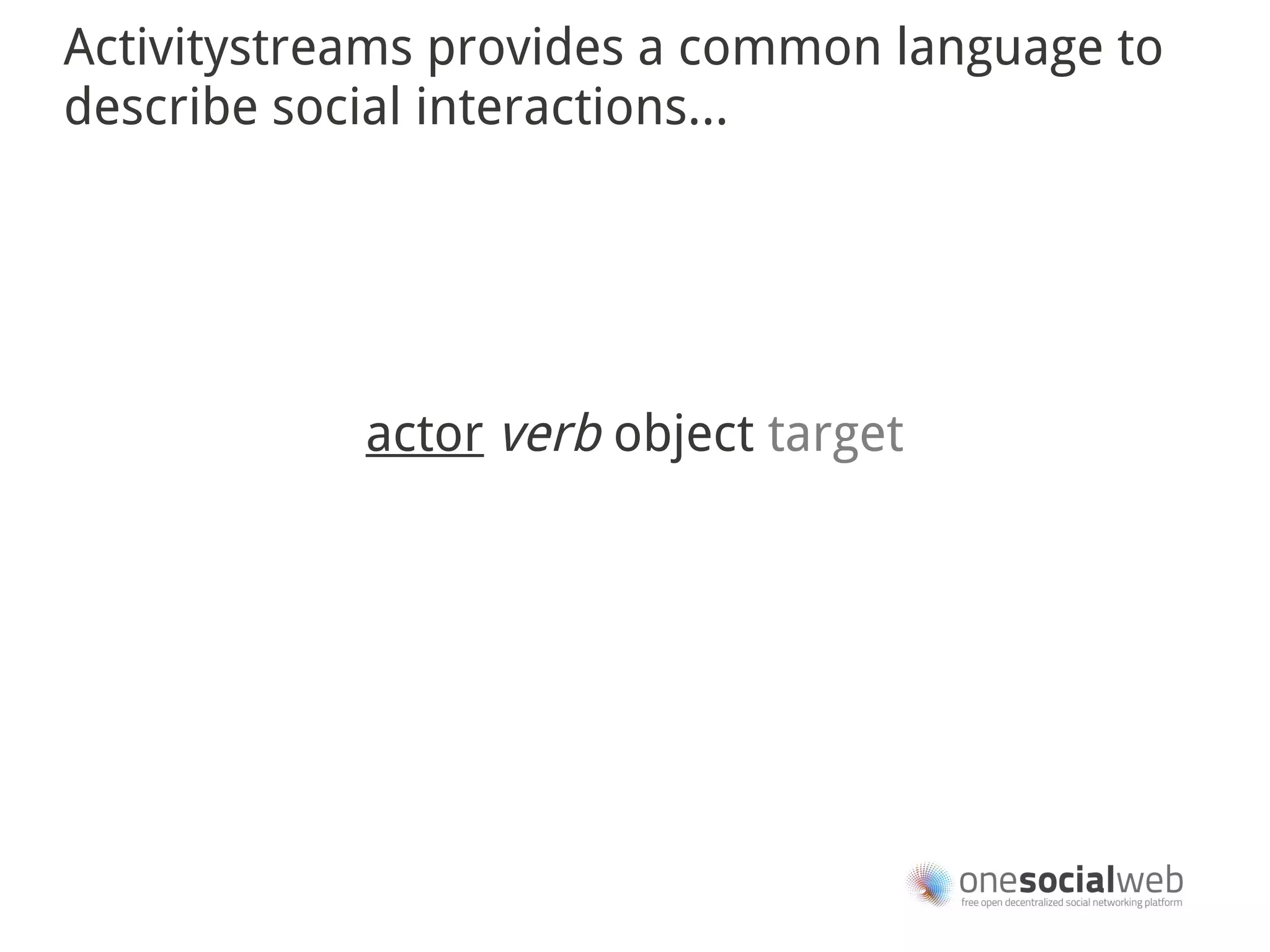 Activitystreams provides a common language to
describe social interactions...




            actor verb object target
 