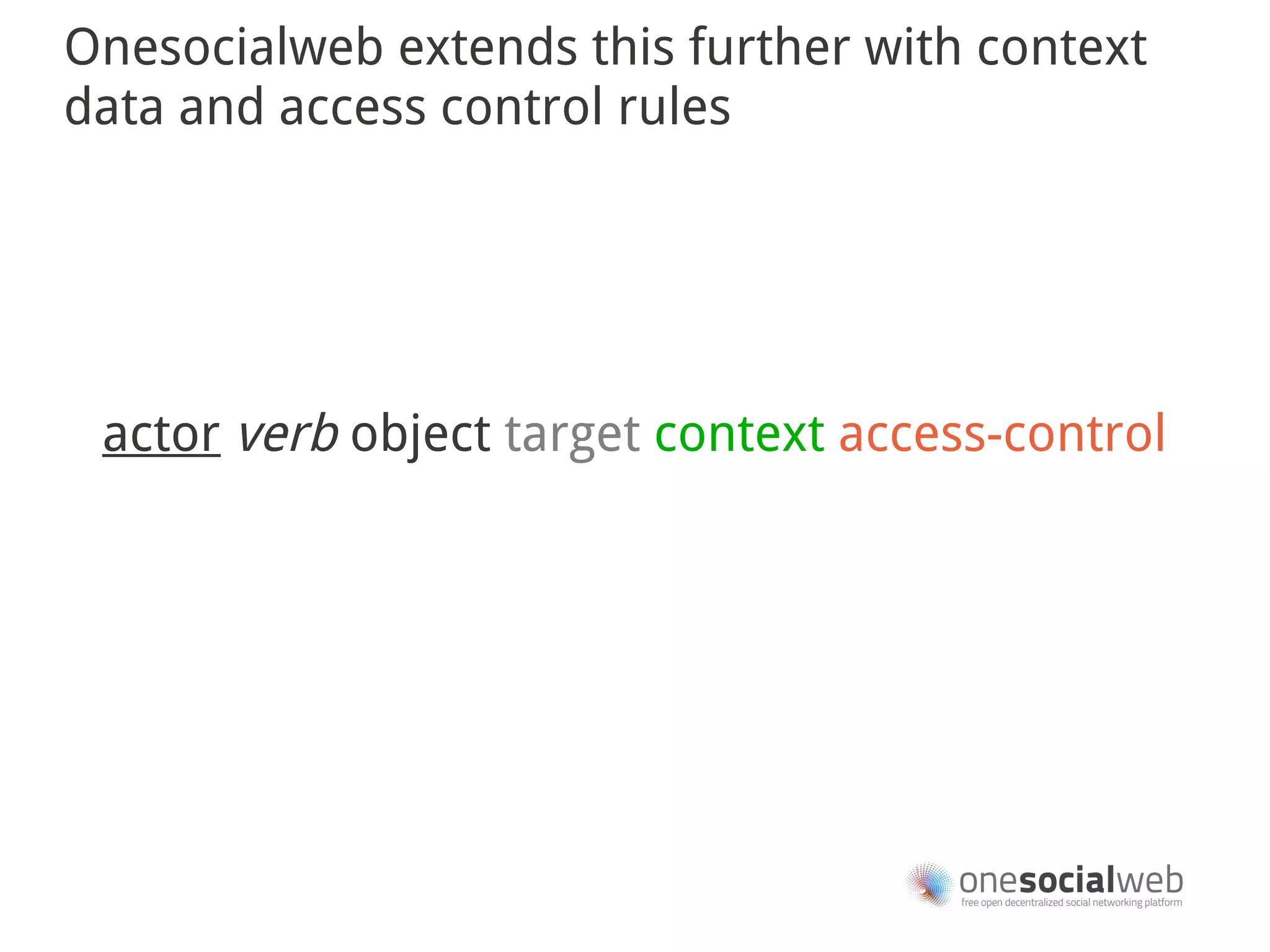 Onesocialweb extends this further with context
data and access control rules




 actor verb object target context access-control
 