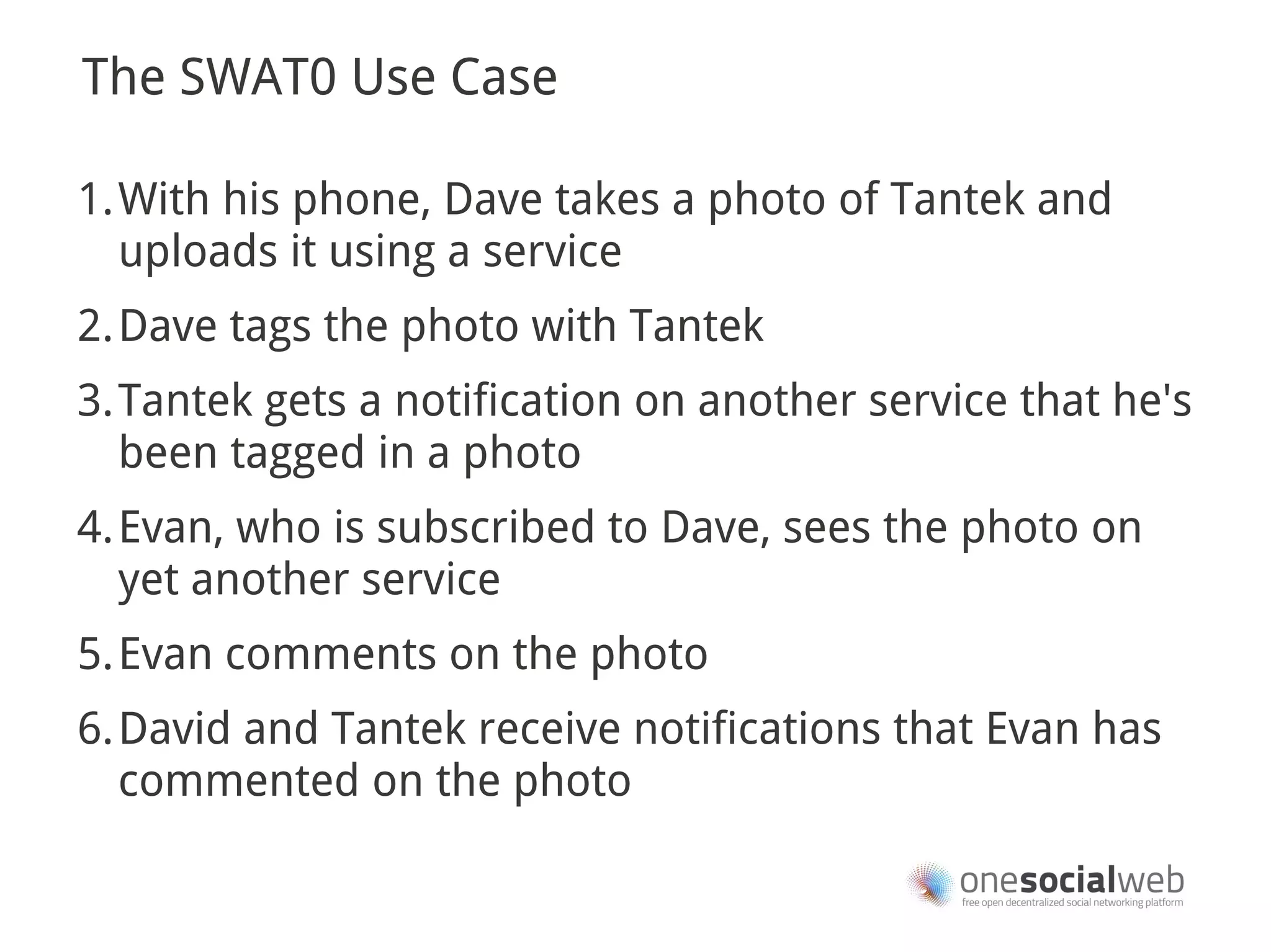 The SWAT0 Use Case

1.With his phone, Dave takes a photo of Tantek and
  uploads it using a service
2.Dave tags the photo with Tantek
3.Tantek gets a notification on another service that he's
  been tagged in a photo
4.Evan, who is subscribed to Dave, sees the photo on
  yet another service
5.Evan comments on the photo
6.David and Tantek receive notifications that Evan has
  commented on the photo
 