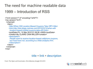 The need for machine readable data
1999 – Introduction of RSS
<?xml version="1.0" encoding="utf-8"?>
<rss version="2.0">
 <channel>
   <item>
     <title>When Will Location-Based Coupons Take Off?</title>
     <link>http://bits.blogs.nytimes.com/2010/03/12/when-will-
       location-based-mobile-coupons-take-off/</link>
     <pubDate>Fri, 12 Mar 2010 21:38:26 +0000</pubDate>
     <creator>By CLAIRE CAIN MILLER</creator>
     <description>
       People want to receive location-based cellphone coupons,
       but most have not, according to a Web analytics firm.
     </description>
   </item>
 </channel>
</rss>


                                        title + link + description
From: The Open and Social web, Chris Messina, Google I/O 2010
 
