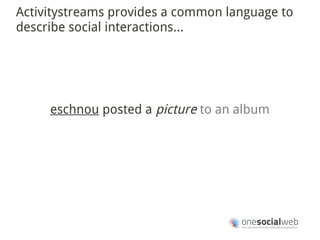 Activitystreams provides a common language to
describe social interactions...




     eschnou posted a picture to an album
 