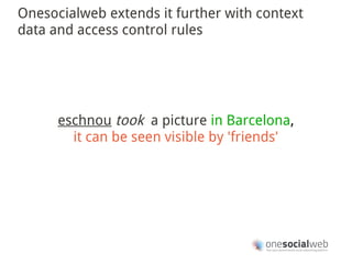 Onesocialweb extends it further with context
data and access control rules




      eschnou took a picture in Barcelona,
        it can be seen visible by 'friends'
 