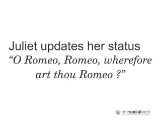 Juliet updates her status
“O Romeo, Romeo, wherefore 
     art thou Romeo ?”
 
