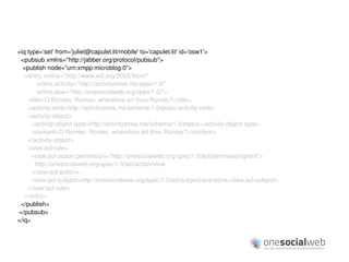 <iq type='set' from='juliet@capulet.lit/mobile' to='capulet.lit' id='osw1'>
 <pubsub xmlns="http://jabber.org/protocol/pubsub">
  <publish node=”urn:xmpp:microblog:0”>
   <entry xmlns="http://www.w3.org/2005/Atom"
        xmlns:activity="http://activitystrea.ms/spec/1.0/"
        xmlns:osw="http://onesocialweb.org/spec/1.0/">
    <title>O Romeo, Romeo, wherefore art thou Romeo?</title>
    <activity:verb>http://activitystrea.ms/schema/1.0/post</activity:verb>
    <activity:object>
      <activity:object-type>http://activitystrea.ms/schema/1.0/status</activity:object-type>
      <content>O Romeo, Romeo, wherefore art thou Romeo?</content>
    </activity:object>
    <osw:acl-rule>
      <osw:acl-action permission="http://onesocialweb.org/spec/1.0/acl/permission/grant">
       http://onesocialweb.org/spec/1.0/acl/action/view
      </osw:acl-action>
      <osw:acl-subject>http://onesocialweb.org/spec/1.0/acl/subject/everyone</osw:acl-subject>
    </osw:acl-rule>
   </entry>
 </publish>
</pubsub>
</iq>
 