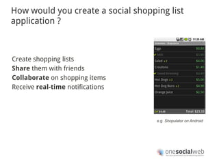 How would you create a social shopping list
application ?



Create shopping lists
Share them with friends
Collaborate on shopping items
Receive real-time notifications



                                    e.g. Shopulator on Android
 