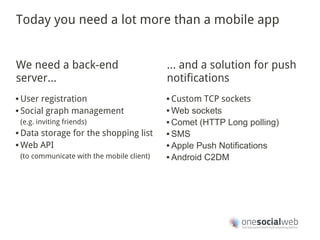 Today you need a lot more than a mobile app


We need a back-end                            … and a solution for push
server...                                     notifications
 User registration                            Custom TCP sockets
 Social graph management                      Web sockets


    (e.g. inviting friends)                    Comet (HTTP Long polling)

 Data storage for the shopping list           SMS

 Web API                                      Apple Push Notifications

    (to communicate with the mobile client)    Android C2DM
 