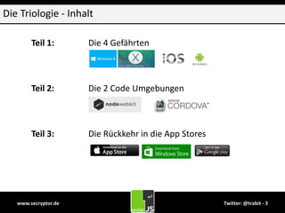 www.secryptor.de Twitter: @trabit - 3
Die Triologie - Inhalt
Teil 1: Die 4 Gefährten
Teil 2: Die 2 Code Umgebungen
Teil 3: Die Rückkehr in die App Stores
 
