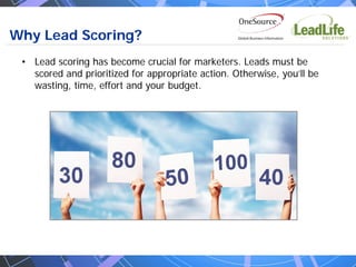Why Lead Scoring?
 • Lead scoring has become crucial for marketers. Leads must be
   scored and prioritized for appropriate action. Otherwise, you’ll be
   wasting, time, effort and your budget.
 