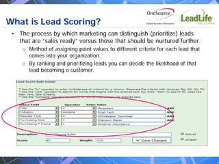 What is Lead Scoring?
 • The process by which marketing can distinguish (prioritize) leads
   that are “sales ready” versus those that should be nurtured further.
     o Method of assigning point values to different criteria for each lead that
       comes into your organization.
     o By ranking and prioritizing leads you can decide the likelihood of that
       lead becoming a customer.
 