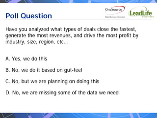 Poll Question
Have you analyzed what types of deals close the fastest,
generate the most revenues, and drive the most profit by
industry, size, region, etc…


A. Yes, we do this

B. No, we do it based on gut-feel

C. No, but we are planning on doing this

D. No, we are missing some of the data we need
 