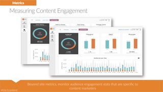 Measuring  Content  Engagement  
Copyright © 2015 OneSpot, Proprietary & Confidential | 49
Metrics  
Beyond  site  metrics,  monitor  audience  engagement  stats  that  are  speciﬁc  to  
content  marketers  #1to1content  
 