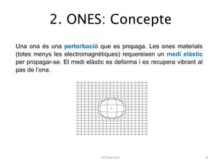 2. ONES: Concepte
Una ona és una pertorbació que es propaga. Les ones materials
(totes menys les electromagnètiques) reque...