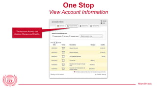 MiamiOH.edu
One Stop
View Account Information
The Account Activity tab
displays Charges and Credits.
 