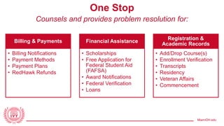 MiamiOH.edu
One Stop
Counsels and provides problem resolution for:
Billing & Payments
• Billing Notifications
• Payment Methods
• Payment Plans
• RedHawk Refunds
Financial Assistance
• Scholarships
• Free Application for
Federal Student Aid
(FAFSA)
• Award Notifications
• Federal Verification
• Loans
Registration &
Academic Records
• Add/Drop Course(s)
• Enrollment Verification
• Transcripts
• Residency
• Veteran Affairs
• Commencement
 