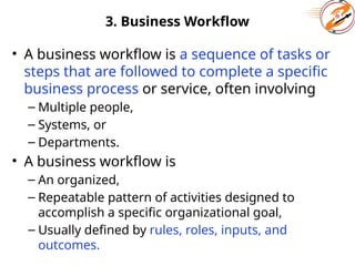 3. Business Workflow
• A business workflow is a sequence of tasks or
steps that are followed to complete a specific
business process or service, often involving
– Multiple people,
– Systems, or
– Departments.
• A business workflow is
– An organized,
– Repeatable pattern of activities designed to
accomplish a specific organizational goal,
– Usually defined by rules, roles, inputs, and
outcomes.
 