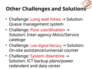 Other Challenges and Solutions
• Challenge: Long wait times Solution:
→
Queue management system
• Challenge: Poor coordination →
Solution: Inter-agency MoUs/Service
cateloge
• Challenge: Low digital literacy Solution:
→
On-site assistance/universal counter
• Challenge: System downtime →
Solution: ICT backup plans/power
redendent and data center
 