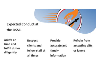 Expected Conduct at
the OSSC
Arrive on
time and
fulfill duties
diligently
Respect
clients and
fellow staff at
all times
Provide
accurate and
timely
information
Refrain from
accepting gifts
or favors
 