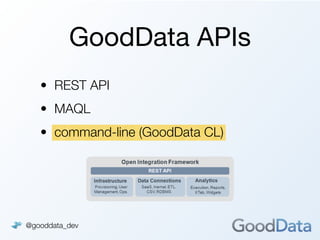 GoodData APIs
   • REST API
   • MAQL
   • command-line (GoodData CL)




@gooddata_dev
 