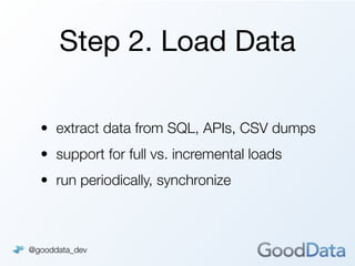 Step 2. Load Data

  • extract data from SQL, APIs, CSV dumps
  • support for full vs. incremental loads
  • run periodically, synchronize



@gooddata_dev
 