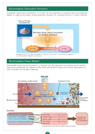 Bioremediation (Hexavalent Chromium)
Bioremediation（Heavy Metals）
EcoClean-M a proprietary biostimulant is injected into the subsurface to stimulate native microorganisms
Capable of reducing toxic/water soluble Hexavalent Chromium into insoluble/non-toxic trivalent chromium.
EcoClean-MX a proprietary biostimulant is injected into the subsurface to stimulate native sulfate
reducing microorganisms.The reduced sulfate forms sulfide which reacts with soluble heavy metals to
form in-soluble sulfite-metal complexes.
Source of Nutrition
EcoClean-M
Patented Product
Bioreduction
Microbes those reduce hexavalent
to trivalent chromium
Cr(VI) Cr(III)
Solubility Product
Solubility Product
Solubility Product
Solubility Product
（The solubility product is the smaller, water solubility of metal is more difficult）
Example）
Biostab-
ilization
Selenium(VI) dissolved groundwater
Arsenic dissolved groundwater
Cd dissolved in groundwater
Lead dissolved in groundwater
Selenium(0)
Arsenic sulfides
Iron arsenate
CadmiumSulfide
Lead Sulfide
Covered by the
minerals in soil
(Co-precipitation)
Activation &
Propagation of Microorganisms
Minerals present soils
Impermeable Layer
Filtered by the
soil particles
Heavy metals
removed
Groundwater
Insolubilized metal
Groundwater Flow
Groundwater soluble metals
Bioremediation of Cr6 takes only weeks to clean up the site and is very cheap as compare to
all the available remedial alternatives
(Ksp)
(Ksp)
(Ksp)
(Ksp)
Soil Particles
Precipitation
 