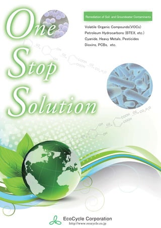 http://www.ecocycle.co.jp
Remediation of Soil and Groundwater Contaminants
Volatile Organic Compounds(VOCs)
Petroleum Hydrocarbons (BTEX, etc.)
Cyanide, Heavy Metals, Pesticides
Dioxins, PCBs, etc.
 