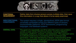 The goal is to repeatedly use AI to solve the same core problem
across a wide variety of technical stacks, including di
ff
erent
languages, platforms, chipsets, and databases. This approach aims
to cultivate pro
fi
ciency in prompting AI for functional code
generation, while also developing a deeper understanding of the
unique interoperability challenges and nuances that arise when
mixing these diverse technologies.
FUNCTIONAL
REQUIREMENT
NON-FUNCTIONAL
CONSTRAINTS
OVERALL GOAL
Gather data from diverse sensors across multiple sites, then save
this information in a way that allows it to be easily examined.
The system requires a single, standardized JSON data format
universally compatible across
fi
ve di
ff
erent types of sensors,
microcontroller platforms, HTTP frameworks, programming
languages, and database systems.
 
