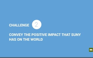 m
CHALLENGE
CONVEY THE POSITIVE IMPACT THAT SUNY
HAS ON THE WORLD
2
 