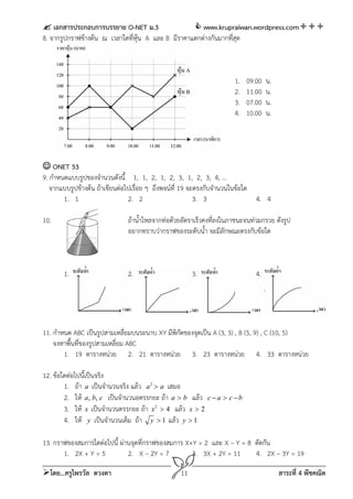  เอกสารประกอบการบรรยาย O-NET ม.3                    www.krupraiwan.wordpress.com
8. จากรูปกราฟข้างต้น ณ เวลาใดที่หุ้น A และ B มีราคาแตกต่างกันมากที่สุด



                                                                     1.   09.00   น.
                                                                     2.   11.00   น.
                                                                     3.   07.00   น.
                                                                     4.   10.00   น.




 ONET 53
9. กําหนดแบบรูปของจํานวนดังนี้ 1, 1, 2, 1, 2, 3, 1, 2, 3, 4, …
   จากแบบรูปข้างต้น ถ้าเขียนต่อไปเรื่อย ๆ ถึงพจน์ที่ 19 จะตรงกับจํานวนในข้อใด
        1. 1                    2. 2                      3. 3                4. 4

10.                           ถ้าน้ําไหลจากท่อด้วยอัตราเร็วคงที่ลงในภาชนะจนท่วมกรวย ดังรูป
                              อยากทราบว่ากราฟของระดับน้ํา จะมีลกษณะตรงกับข้อใด
                                                                    ั



       1.                     2.                      3.                     4.




11. กําหนด ABC เป็นรูปสามเหลี่ยมบนระนาบ XY มีพิกดของจุดเป็น A (3, 3) , B (5, 9) , C (10, 5)
                                                ั
    จงหาพื้นที่ของรูปสามเหลี่ยม ABC
        1. 19 ตารางหน่วย 2. 21 ตารางหน่วย 3. 23 ตารางหน่วย 4. 33 ตารางหน่วย

12. ข้อใดต่อไปนี้เป็นจริง
        1. ถ้า a เป็นจํานวนจริง แล้ว a 2  a เสมอ
        2. ให้ a, b, c เป็นจํานวนอตรรกยะ ถ้า a  b แล้ว c  a  c  b
        3. ให้ x เป็นจํานวนตรรกยะ ถ้า x 2  4 แล้ว x  2
        4. ให้ y เป็นจํานวนเต็ม ถ้า y  1 แล้ว y  1

13. กราฟของสมการใดต่อไปนี้ ผ่านจุดที่กราฟของสมการ X+Y = 2 และ X – Y = 8 ตัดกัน
       1. 2X + Y = 5          2. X – 2Y = 7         3. 3X + 2Y = 11     4. 2X – 3Y = 19

โดย...ครูไพรวัล ดวงตา                           11                                    สาระที่ 4 พีชคณิต
 
