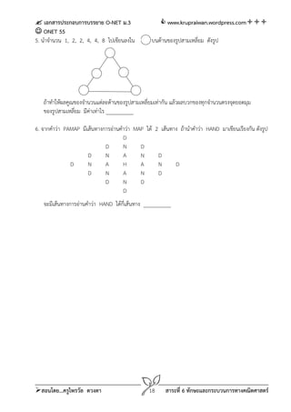  เอกสารประกอบการบรรยาย O-NET ม.3                      www.krupraiwan.wordpress.com
 ONET 55
5. นําจํานวน 1, 2, 2, 4, 4, 8 ไปเขียนลงใน         บนด้านของรูปสามเหลี่ยม ดังรูป




   ถ้าทําให้ผลคูณของจํานวนแต่ละด้านของรูปสามเหลี่ยมเท่ากัน แล้วผลบวกของทุกจํานวนตรงจุดยอดมุม
   ของรูปสามเหลี่ยม มีค่าเท่าไร __________

6. จากคําว่า PAMAP มีเส้นทางการอ่านคําว่า MAP ได้ 2 เส้นทาง ถ้านําคําว่า HAND มาเขียนเรียงกัน ดังรูป
                                     D
                             D       N      D
                      D      N       A      N      D
               D      N      A       H      A      N      D
                      D      N       A      N      D
                             D       N      D
                                     D
   จะมีเส้นทางการอ่านคําว่า HAND ได้กี่เส้นทาง __________




สอนโดย...ครูไพรวัล ดวงตา                        18     สาระที่ 6 ทักษะและกระบวนการทางคณิตศาสตร์
 