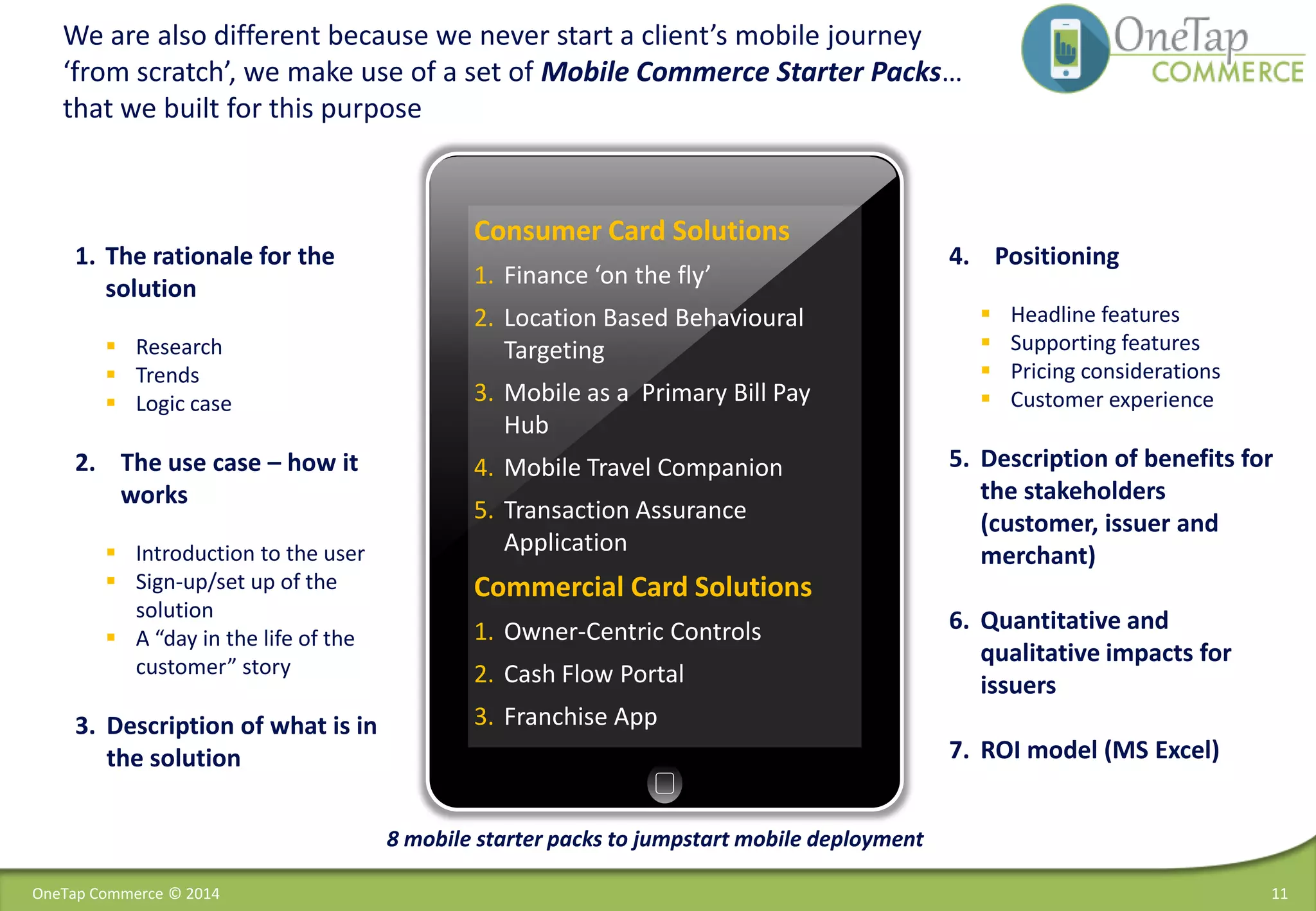 We are also different because we never start a client’s mobile journey
‘from scratch’, we make use of a set of Mobile Commerce Starter Packs…
that we built for this purpose
Consumer Card Solutions
1. Finance ‘on the fly’
2. Location Based Behavioural
Targeting
3. Mobile as a Primary Bill Pay
Hub
4. Mobile Travel Companion
5. Transaction Assurance
Application
Commercial Card Solutions
1. Owner-Centric Controls
2. Cash Flow Portal
3. Franchise App
1. The rationale for the
solution
 Research
 Trends
 Logic case
2. The use case – how it
works
 Introduction to the user
 Sign-up/set up of the
solution
 A “day in the life of the
customer” story
3. Description of what is in
the solution
4. Positioning
 Headline features
 Supporting features
 Pricing considerations
 Customer experience
5. Description of benefits for
the stakeholders
(customer, issuer and
merchant)
6. Quantitative and
qualitative impacts for
issuers
7. ROI model (MS Excel)
11
8 mobile starter packs to jumpstart mobile deployment
OneTap Commerce © 2014
 