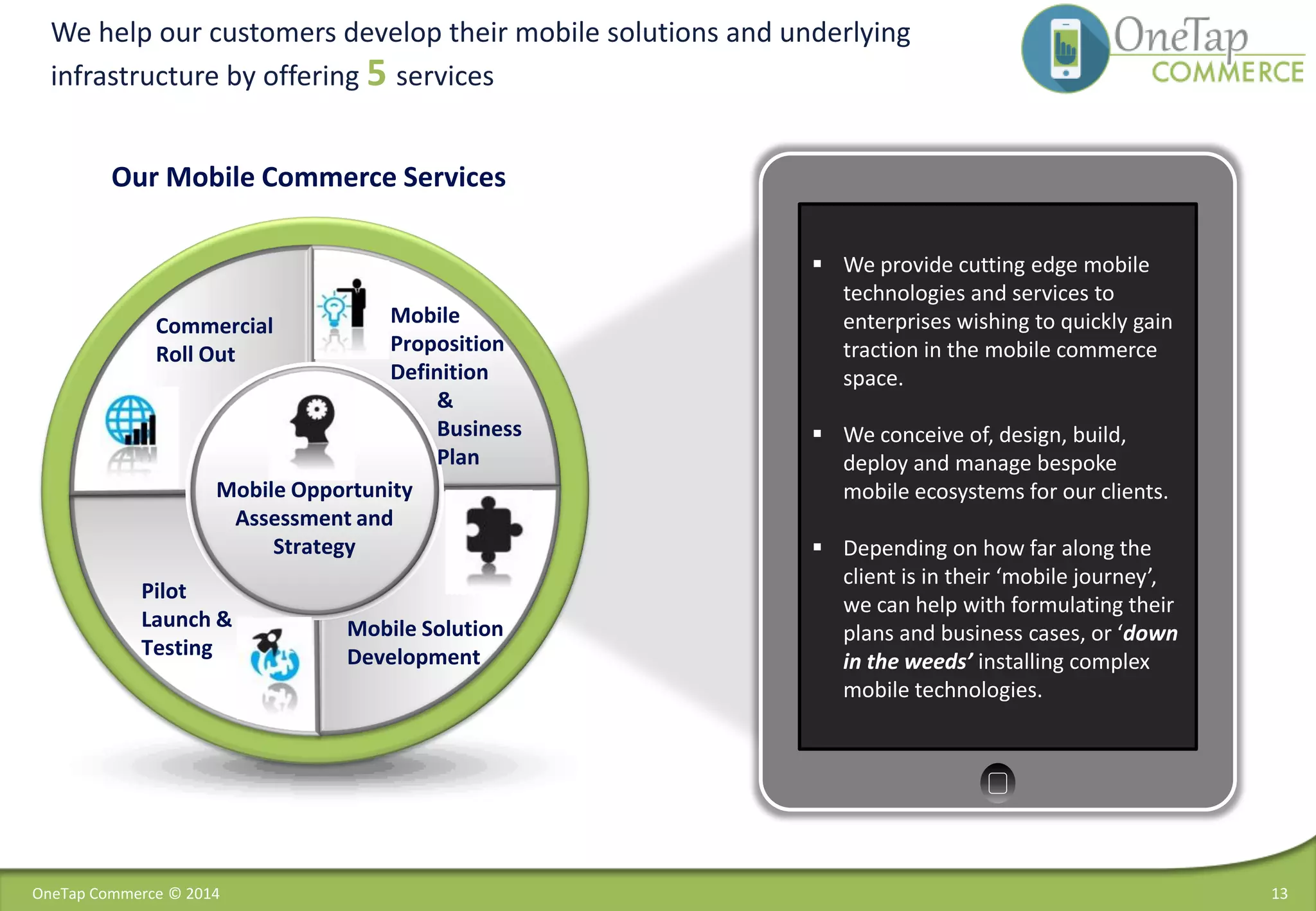13
We help our customers develop their mobile solutions and underlying
infrastructure by offering 5 services
Our Mobile Commerce Services
Mobile Opportunity
Assessment and
Strategy
Mobile
Proposition
Definition
&
Business
Plan
Pilot
Launch &
Testing
Commercial
Roll Out
&
Business
Plan
Mobile Solution
Development
 We provide cutting edge mobile
technologies and services to
enterprises wishing to quickly gain
traction in the mobile commerce
space.
 We conceive of, design, build,
deploy and manage bespoke
mobile ecosystems for our clients.
 Depending on how far along the
client is in their ‘mobile journey’,
we can help with formulating their
plans and business cases, or ‘down
in the weeds’ installing complex
mobile technologies.
OneTap Commerce © 2014
 