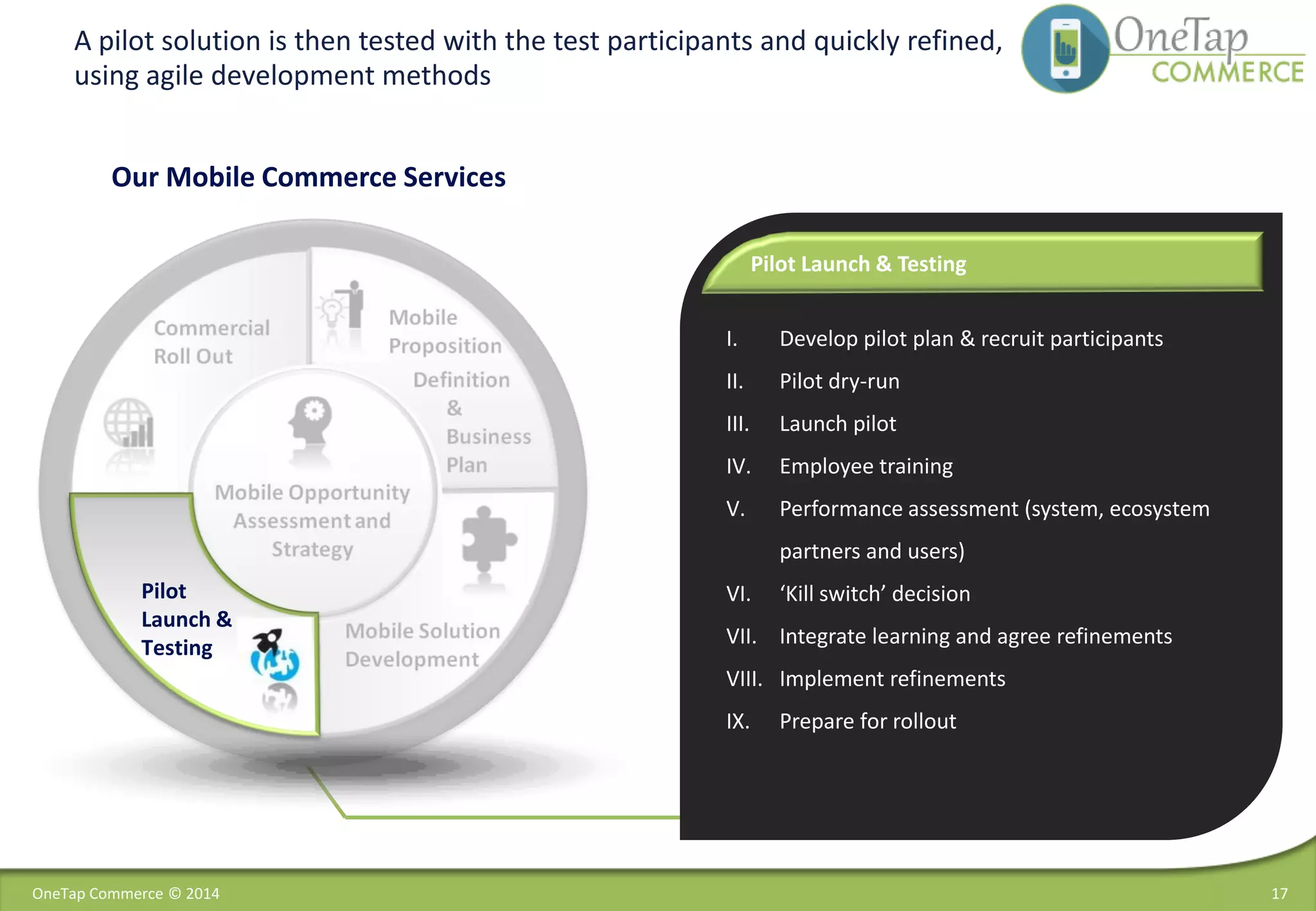 I. Develop pilot plan & recruit participants
II. Pilot dry-run
III. Launch pilot
IV. Employee training
V. Performance assessment (system, ecosystem
partners and users)
VI. ‘Kill switch’ decision
VII. Integrate learning and agree refinements
VIII. Implement refinements
IX. Prepare for rollout
Pilot Launch & Testing
A pilot solution is then tested with the test participants and quickly refined,
using agile development methods
17
Pilot
Launch &
Testing
Our Mobile Commerce Services
OneTap Commerce © 2014
 