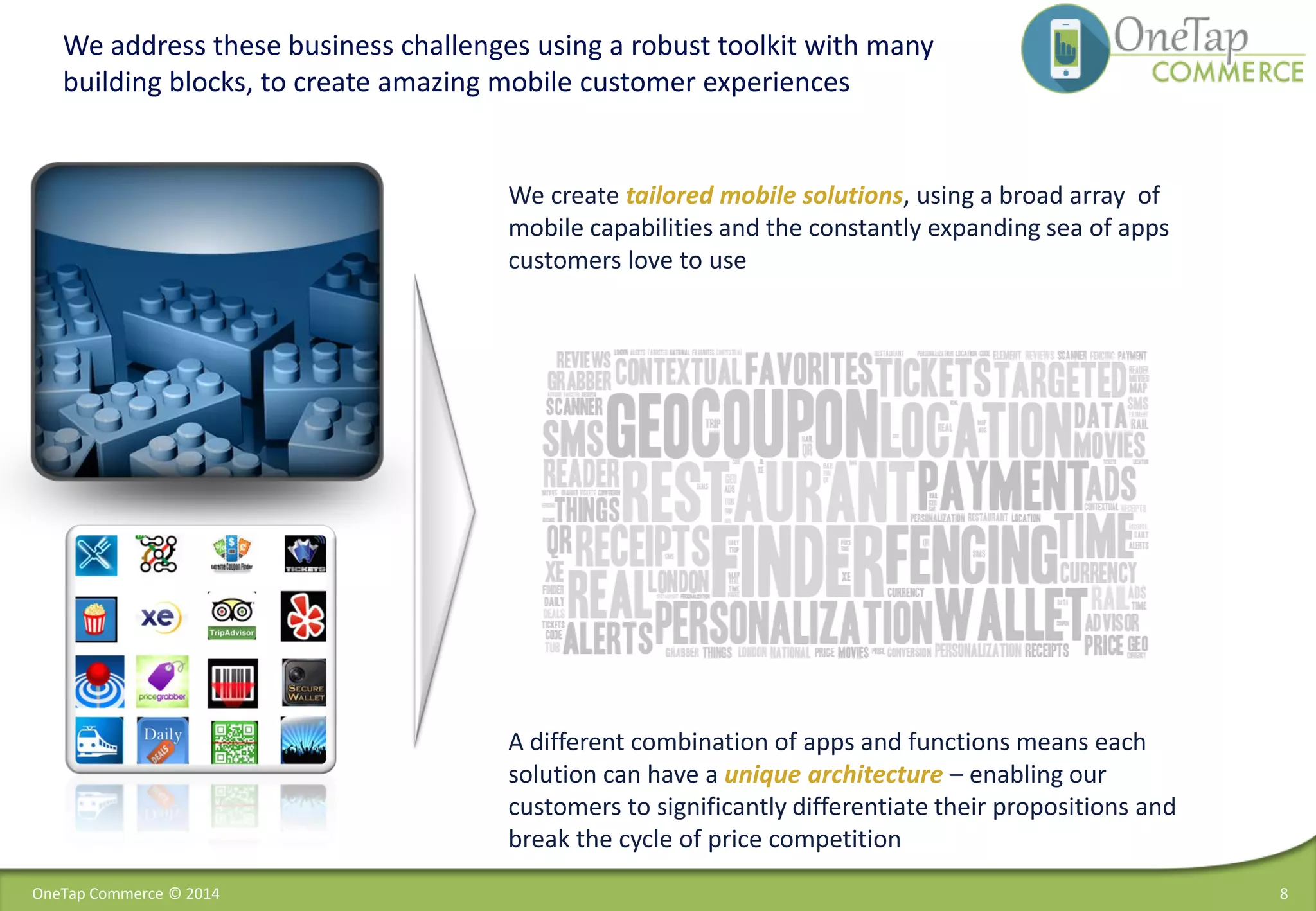 We address these business challenges using a robust toolkit with many
building blocks, to create amazing mobile customer experiences
8
We create tailored mobile solutions, using a broad array of
mobile capabilities and the constantly expanding sea of apps
customers love to use
A different combination of apps and functions means each
solution can have a unique architecture – enabling our
customers to significantly differentiate their propositions and
break the cycle of price competition
OneTap Commerce © 2014
 