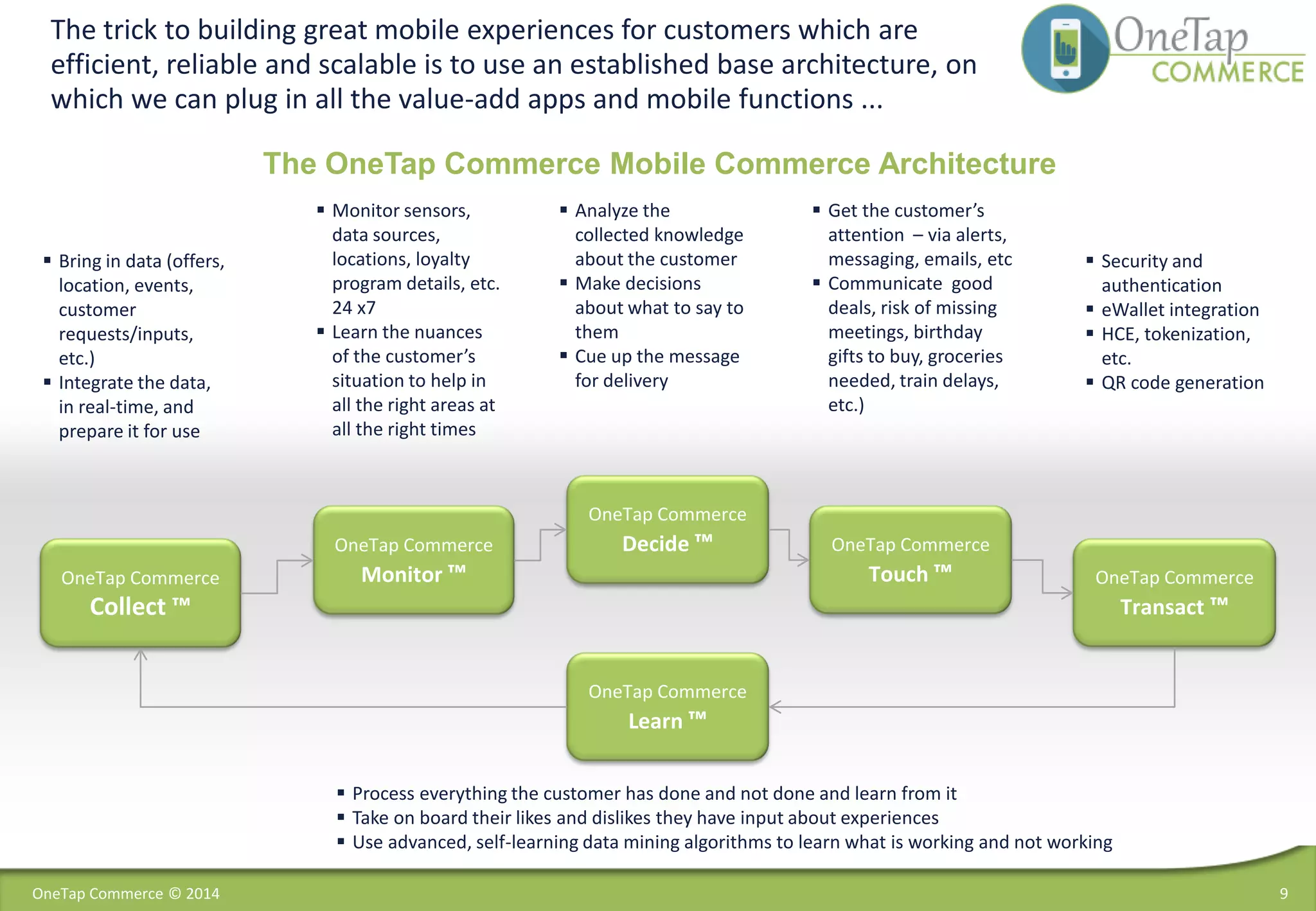OneTap Commerce © 2014 9
The trick to building great mobile experiences for customers which are
efficient, reliable and scalable is to use an established base architecture, on
which we can plug in all the value-add apps and mobile functions ...
OneTap Commerce
Collect ™
OneTap Commerce
Monitor ™
OneTap Commerce
Decide ™ OneTap Commerce
Touch ™ OneTap Commerce
Transact ™
OneTap Commerce
Learn ™
 Bring in data (offers,
location, events,
customer
requests/inputs,
etc.)
 Integrate the data,
in real-time, and
prepare it for use
 Monitor sensors,
data sources,
locations, loyalty
program details, etc.
24 x7
 Learn the nuances
of the customer’s
situation to help in
all the right areas at
all the right times
 Analyze the
collected knowledge
about the customer
 Make decisions
about what to say to
them
 Cue up the message
for delivery
 Get the customer’s
attention – via alerts,
messaging, emails, etc
 Communicate good
deals, risk of missing
meetings, birthday
gifts to buy, groceries
needed, train delays,
etc.)
 Security and
authentication
 eWallet integration
 HCE, tokenization,
etc.
 QR code generation
 Process everything the customer has done and not done and learn from it
 Take on board their likes and dislikes they have input about experiences
 Use advanced, self-learning data mining algorithms to learn what is working and not working
The OneTap Commerce Mobile Commerce Architecture
 