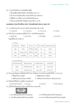 แบบทดสอบ O-Net ปี 50-53 ::: หน้า 6


40. การกระทาใดจัดเป็นการละเมิดสิทธิ์ของผู้อื่น
     1. ซื้อแผ่นซีดีเพลงที่ถูกลิขสิทธิ์ มาตัดต่อเพื่อประกอบงาน
     2. ใช้ภาพจากเว็บไซต์ของเพื่อน โดยอ้างอิงที่มาของภาพดังกล่าว
     3. ให้ผู้อื่นถ่ายภาพวีดิโอ และนามาตัดต่อใหม่ด้วยตนเอง
     4. ใช้โปรแกรมตัดต่อวีดิโอ ที่อยู่ในช่วงทดลองใช้งาน 30 วัน
แบบทดสอบ O-Net ปีการศึกษา 2552 วิชาคอมพิวเตอร์ (สอบ 21 กุมภา 53)

41. การหาสินค้าและบริการผ่านทางเครือข่ายอินเทอร์เน็ต เรียกว่าอะไร
     1. E-Payment              2. E-Learning             3. E-Sourcing             4. E-News
42. ข้อใดเป็นจานวนเลขฐานสองซึ่งมีค่าเท่ากับ 108 (ซึ่งเป็นเลขฐานสิบ)
     1. 00100100               2. 01101100               3. 10100000               4. 01101111
    ข้อมูลนี้ใช้ตอบคาถามข้อ 43




43. ในระบบฐานข้อมูลแบบสัมพันธ์ตามที่กาหนด ช่องข้อมูล (Field) ใดเหมาะสมที่จะใช้เป็น Foreign Key
        1. ชื่อสินค้าในตารางสินค้า                 2. รหัสสินค้าในตารางสินค้า
        3. รหัสตัวแทนจาหน่ายในตารางสินค้า          4. รหัสตัวแทนจาหน่ายในตารางตัวแทนจาหน่าย
44. ข้อใดต่อไปนี้ไม่ใช่ระบบปฏิบัติการคอมพิวเตอร์
     1. Microsoft Windows 2. Ubuntu                       3. Symbian            4. MAC Address
45. รูปนี้เป็นหัวเชื่อมต่อประเภทใด และใช้สาหรับงานประเภทใด



    1. VGA ใช้ต่อคอมพิวเตอร์เข้ากับจอแสดงผล              2. DVI ใช้ต่อคอมพิวเตอร์เข้ากับจอแสดงผล
    3. USB ใช้ต่อคอมพิวเตอร์เข้ากับอุปกรณ์เสริม          4. FireWire ใช้ต่อคอมพิวเตอร์เข้ากับอุปกรณ์เสริม
                                                                                    รวบรวมโดย ครูสายฯ apu_pkc@yahoo.com
 