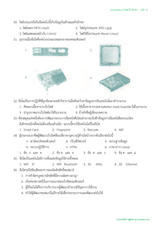 แบบทดสอบ O-Net ปี 50-53 ::: หน้า 8


50. ไฟล์ประเภทใดในข้อต่อไปนี้เก็บข้อมูลในลักษณะตัวอักษร
    1. ไฟล์เพลง MP3 (.mp3)                       2. ไฟล์รูปประเภท JPEG (.jpg)
    3. ไฟล์แสดงผลหน้าเว็บ (.html)                4. ไฟล์วิดิโอประเภท Movie (.mov)
51. อุปกรณ์ในข้อใดคือหน่วยประมวลผลกลางของคอมพิวเตอร์




52. ข้อใดเป็นการปฏิบัติที่ถูกต้องตามหลักวิชาการเมื่อค้นคว้าหาข้อมูลจากอินเทอร์เน็ตมาทารายงาน
     1. คัดลอกเนื้อหาจากเว็บไซต์                      2. ใช้เนื้อหาจากกระดานสนทนา (web board)มาใส่ในรายงาน
     3. นารูปภาพจากเว็บไซต์มาใส่ในรายงาน              4. อ้างอิงชื่อผู้เขียนบทความ
53. ห้องสมุดแห่งหนึ่งต้องการพัฒนาระบบการยืมหนังสือโดยสามารถบันทึกข้อมูลการยืมหนังสือลงบนบัตร
     อิเล็กทรอนิกส์โดยไม่ต้องเขียนด้วยมือ ระบบนี้ควรใช้เทคโนโลยีในข้อใด
     1. Smart Card                 2. Fingerprint            3. Barcode               4. Wifi
54. ผู้ประกอบอาชีพผู้พัฒนาเว็บไซต์ต้องเชี่ยวชาญความรู้ด้านใดบ้างจากตัวเลือกต่อไปนี้
           ก. ฮาร์ดแวร์คอมพิวเตอร์            ค. เว็บเซิร์ฟเวอร์                จ. ระบบฐานข้อมูล
           ข. ระบบปฏิบัติการ                  ง. HTML                           ฉ. ภาษาจาวา (Java)
     1. ข้อ ก. และ ค.              2. ข้อ ข. และ จ.          3. ข้อ ค. และ ง.         4. ข้อ ค. และ ฉ.
55. ข้อใดเป็นเทคโนโลยีการเชื่อมต่อข้อมูลไร้สายทั้งหมด
     1. Wifi IP                    2. Wifi Bluetooth 3. 3G ADSL                       4. 3D Ethernet
56. ข้อใดๆม่ใช่ข้อเสียของการละเมิดลิขสิทธิ์ซอฟแวร์
       1. การทาผิดกฎหมายลิขสิทธิ์มีความผิดทางอาญา
       2. เป็นช่องทางหนึ่งในการระบาดของไวรัสคอมพิวเตอร์
       3. ผู้ใช้จะไม่ได้รับการบริการจากผู้พัฒนาถ้าหากมีปัญหาการใช้งาน
       4. ทาให้ผู้พัฒนาซอฟแวร์ไม่มีรายได้เพื่อประกอบการและพัฒนาต่อไปได้




                                                                                  รวบรวมโดย ครูสายฯ apu_pkc@yahoo.com
 