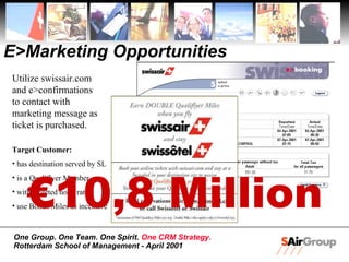E>Marketing Opportunities € 10,8 Million Utilize swissair.com and e>confirmations to contact with marketing message as ticket is purchased. Target Customer: has destination served by SL is a Qualiflyer Member with targeted hotel rate use Bonus Miles as incentive 