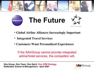 The Future Global Airline Alliances Increasingly Important Integrated Travel Services Customers Want Personalized Experiences If the SAirGroup cannot provide integrated airline/hotel services, the competitor will. 