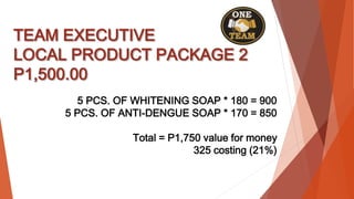 TEAM EXECUTIVE
LOCAL PRODUCT PACKAGE 2
P1,500.00
5 PCS. OF WHITENING SOAP * 180 = 900
5 PCS. OF ANTI-DENGUE SOAP * 170 = 850
Total = P1,750 value for money
325 costing (21%)
 