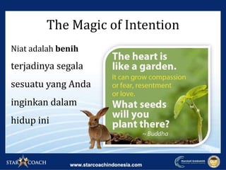 The Magic of Intention
Niat adalah benih
terjadinya segala
sesuatu yang Anda
inginkan dalam
hidup ini
 